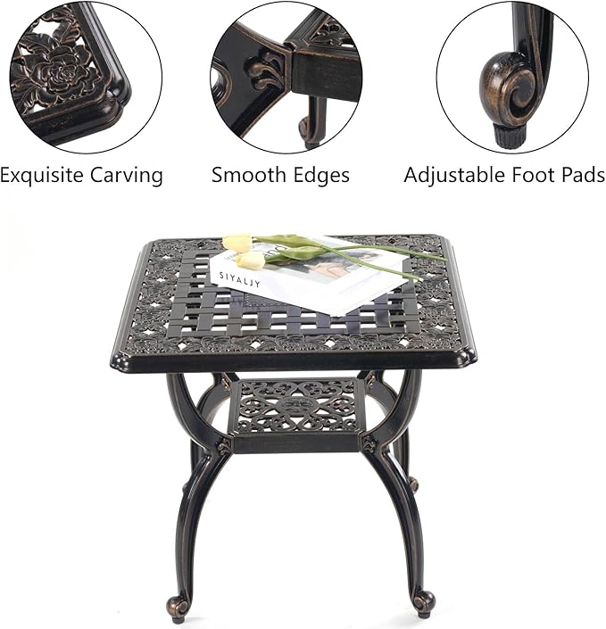 Mandolin Outdoor Patio,Rust -Resistant Cast Aluminum Side Table,Weather Resistant End Table，Coffee Table， Perfect for Patio, Backyard Or Garden. W 20.8" X H18.5(Aluminum Square, Copper)