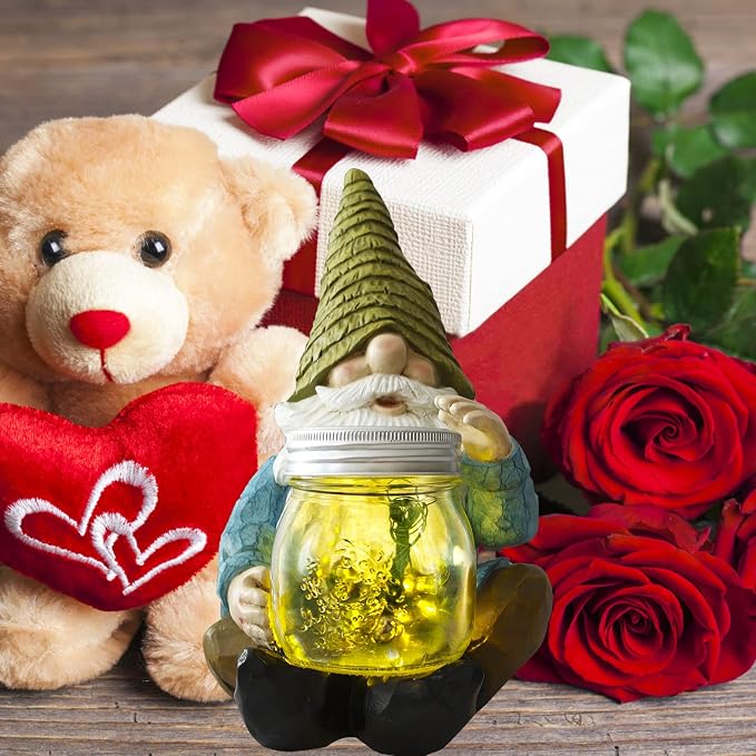 Solar Firefly Jar Gnome Resin LED Garden Statue | Waterproof hand-painted resin; flickering firefly LED lights; holiday gift for women mom grandma