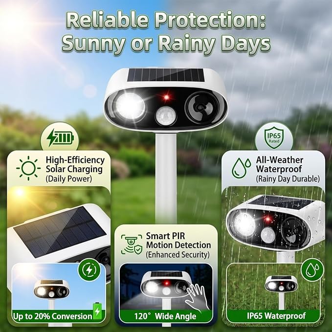 4Pack Solar Animal Repellent Outdoor,Ultrasonic Animal Deterrent with Flash Light,Waterproof Ultrasonic Deer Repeller&Cat Repellent Devices for Garden Yard,Control Rabbit Raccoon Dog Squirrel