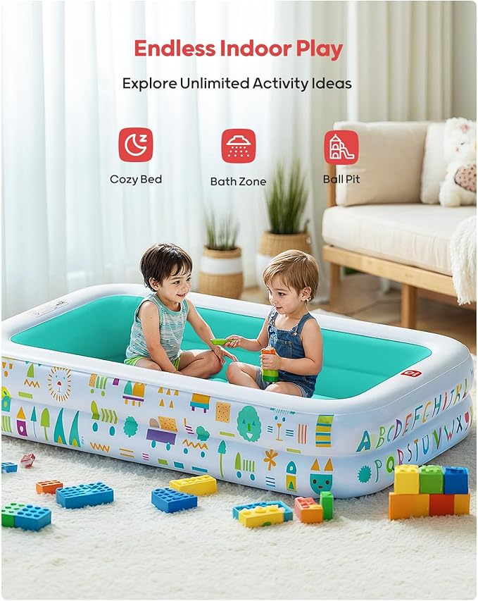 QPAU Kiddie Pool – 65" x 39" Inflatable Pool for Kids & Toddlers, Ball Pit & Baby Pool with Soft Floor, Educational Alphabet & Number, Durable Outdoor Play Toys for Backyard & Indoor Fun (Green)