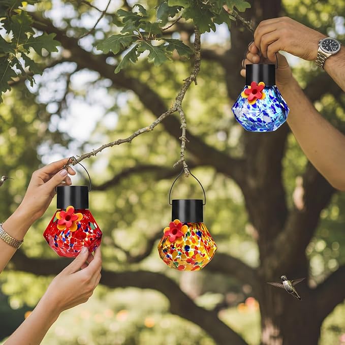 Nuogo 3 Pcs 3.54 Inch Blown Glass Hummingbird Feeders Solar Powered Hummingbird Feeder with LED Light for Garden Outdoors Window Decor Valentine Hanging Gifts Ant and Bee Resistant (Color D,Novel)