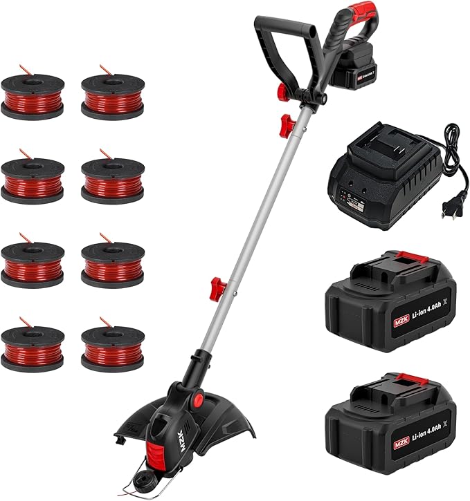 MZK 20V 12'' Cordless String Trimmer, Grass Trimmer&Edger with 8 Replacement Spools, Battery Powered Weed Trimmer with Auto Line Feed for Garden, Lawn(2 * 4AH Battery and Charger Included),ST12D07