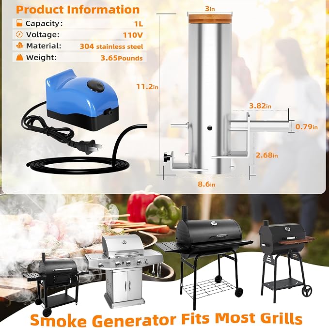Smoke Generator, Hot and Cold Smoke Generator with Lid & Air Pump, Portable Electric Smoker Grill, Stainless Steel Pellet Smoker Tube, BBQ Premium Smoking Accessories for Smoking Meats and Vegetables