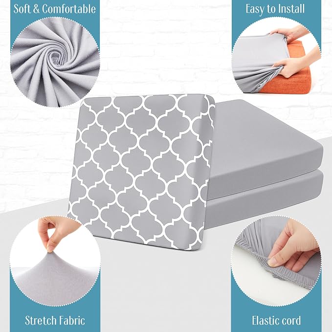 Newwiee 12 Pcs Patio Cushion Covers Outdoor Stretch Sofa Couch Cover Replacement Couch Slipcover Sofa Seat Chair Porch Patio Furniture Protector, Flexibility Washable(Light Gray,Moroccan and Solid)