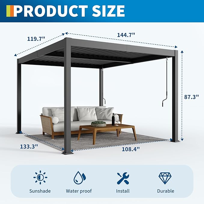 10x12 ft Adjustable Louvered Pergola, Independent Rainproof Roof, Outdoor Aluminum Patio Cover with Hidden Drainage for Garden Deck, Modern Gray