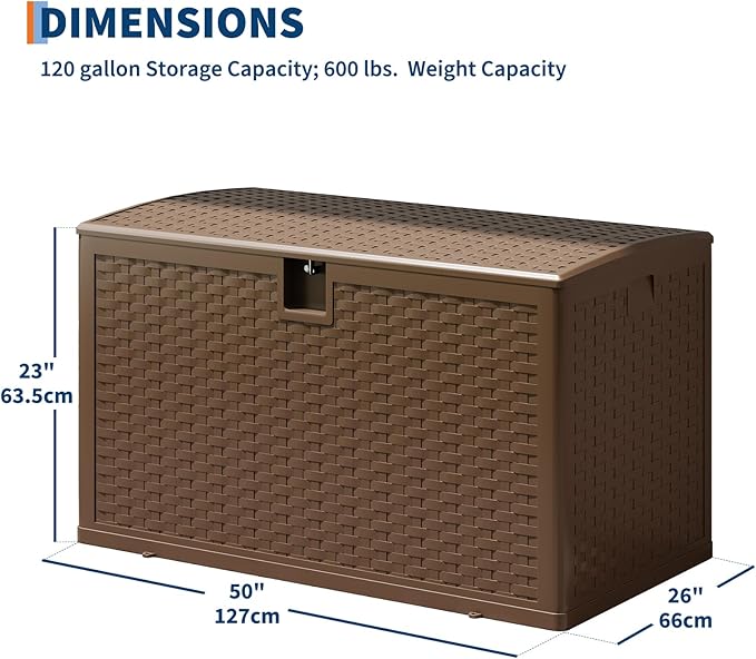 GarveeLife 120 Gallon Outdoor Storage Box, Large Resin Deck Box with Hydraulic Air Rod, Weatherproof & Lockable Outdoor Storage Bin for Patio Cushions, Garden Tools, Pool Supplies, Porch, Brown
