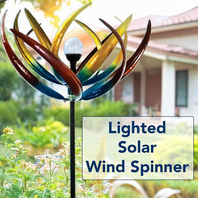 Bits and Pieces Tulip Wind Spinners Outdoor Solar Lighted Metal Wind Spinner, Large Kinetic Garden Sculptures, Crackle Glass Light, Multi-Colored Garden Decor