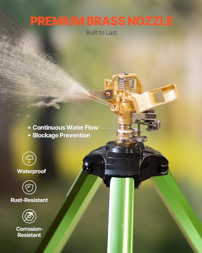 VEVOR Impact Sprinkler on Tripod Base, 2 Packs, Heavy Duty Tripod Sprinklers with Brass Head & 3/4" NH Connector, 360 Degree Large Area Irrigation Sprinkler, Adjustable Heights Sprinkler for Yard