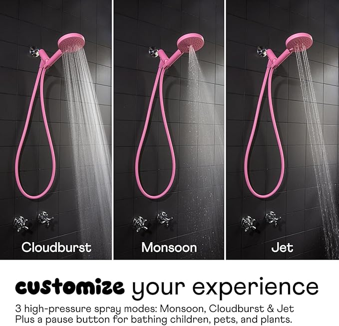 Sproos - Handheld Shower Head, High Pressure, 3 Spray Functions Plus Pause, Extra Long 70 Inch Hose - Eco-friendly Materials - Easy DIY Installation - High Pressure Performance - Pink