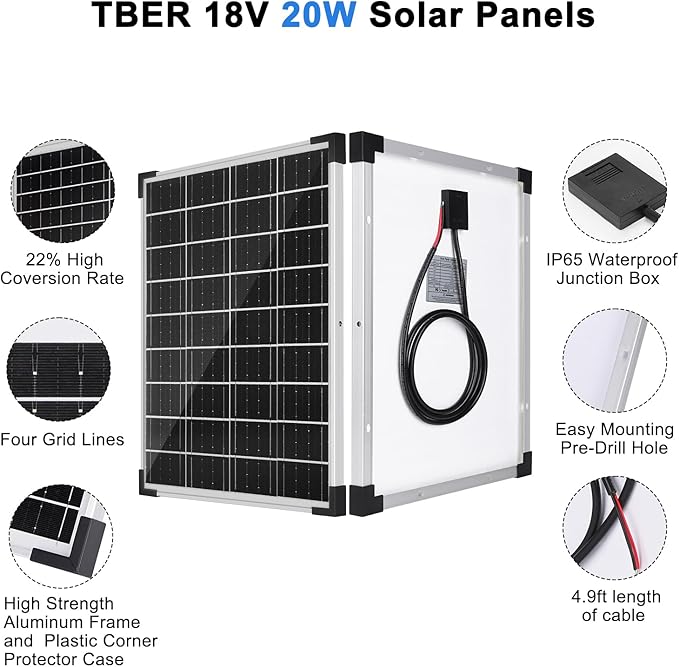 TBER Solar Panel Kit 20W 12V, Solar Battery Charger with 10A Charge Controller and Extension Cables with Battery Clips O-Ring Terminal for Car Motorcycle RV Marine Boat Camper Other Off Grid System