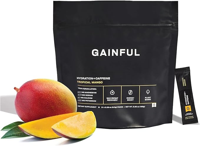 Gainful Hydration + Caffeine Powder Packets with Key Electrolytes Magnesium & Sodium + L Theanine, Low Sugar Drink Mix, Tropical Mango, 21 Sticks