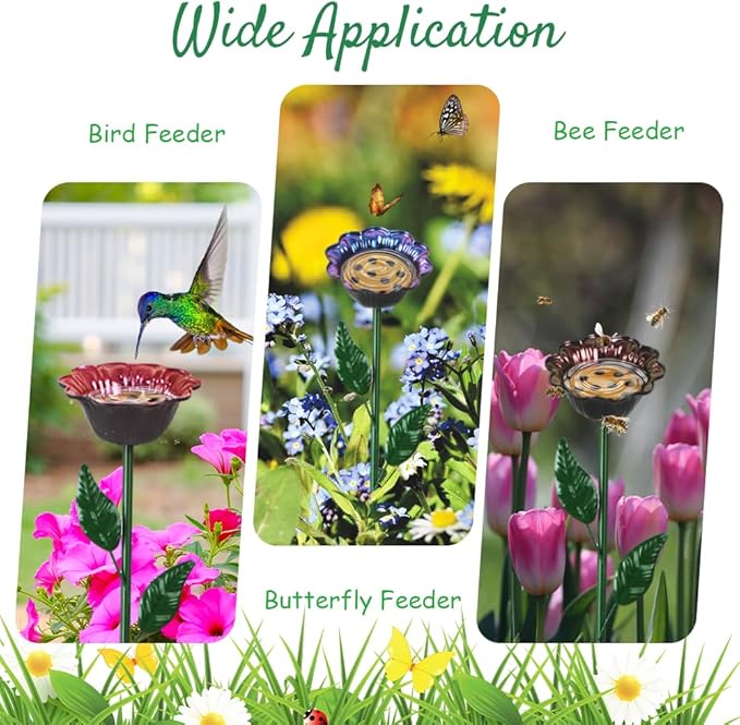 DREAMSOUL 4 Pack Bird Bath with Bee Feeder, Metal Flower Bird Baths Bee Watering Station for Garden Yard Decor (Red, Brown, Purple, Green)