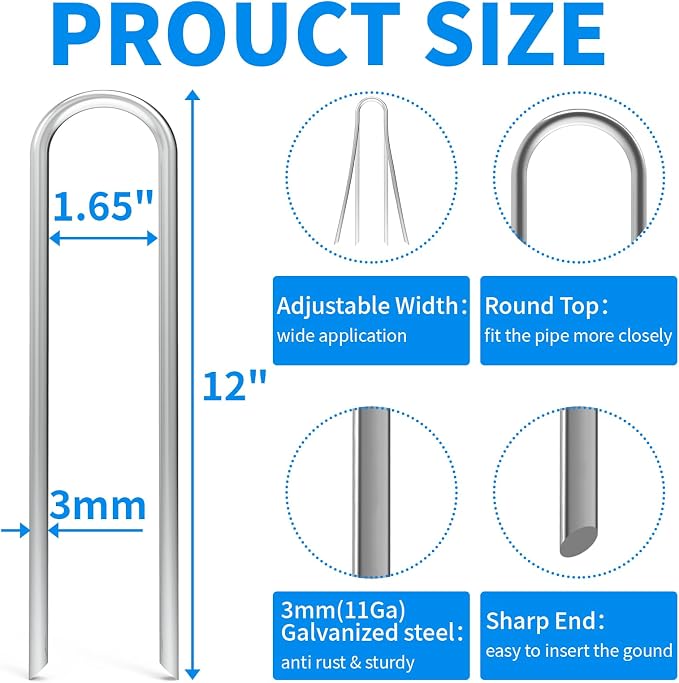 MySit 12 Inch 12 Pack Heavy Duty U Shaped Garden Stakes, 11 Gauge Galvanized Fence Stakes Landscape Staples Metal Yard Stakes for Ground, Drip Hose, Inflatables, Outdoor Decorations