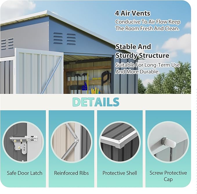 KEIKI Storage Shed 8x4 FT, Small Metal Tool Shed for Outdoor Storage, Galvanized Steel Garden Shed with Lockable Doors for Patio, Backyard, Lawn, Grey