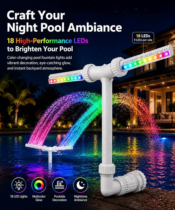 Solar Pool Fountain with 18 LED Lights, Dual-Head Waterfall Sprinkler, Remote Control, 11 Colors & 6 Modes, Adjustable Height & Direction for Above & In-Ground Pools