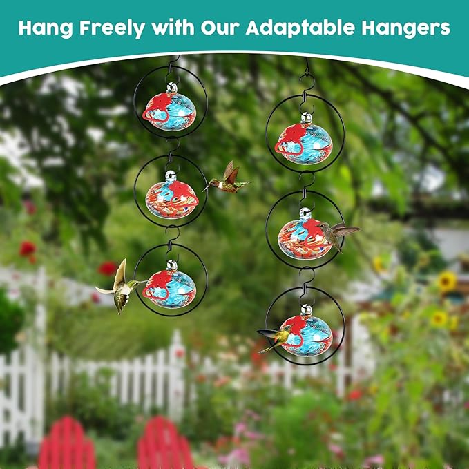 Headak Life Flexible 6-Circular Hummingbird feeders for Outdoors Hanging Ant and Bee Proof,Hand Blown Glass Hummingbird Feeder with 6 Adjustable Silicone Perch(Blue)