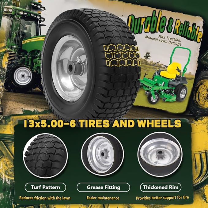 13x5.00-6 Flat Free Tire and Wheel Assemblies (2 Pack),13 x 5 x 6 Solid Rubber Tires and Wheel for Riding Lawn Mower - With 3/4" Bushings (Extra 5/8" Bushings) and 3" Centered Hub (Grey)