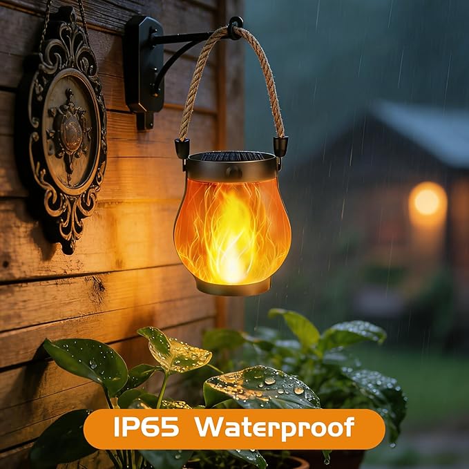 4 Pack Solar Lanterns Outdoor Waterproof, Flickering Flame Hanging Lanterns Decorative Outdoor with 2 Modes, Dual Charging USB & Solar-Powered Outdoors Lantern for Porch Yard Patio Tree Garden Decor