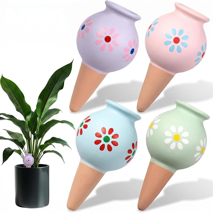 Domensi 4 Pack Terracotta Plant Watering Devices, Self Watering Spikes, Polka Dot Wine Bottle, Automatic Insert System Decorative Stakes, Cute Plant Spikes for Indoor Outdoor Plants