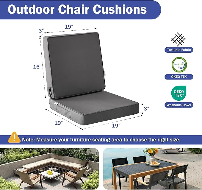 IPYNBAP Outdoor Cushions, Outdoor Chair Cushions 19x19x3 Inch, Cushions for Outdoor Furniture with Removable Cover, Waterproof & Fade Resistant Outdoor Seat Cushions for Patio, Lawn, Dark Grey