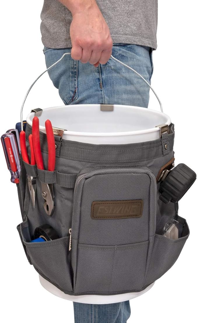 Estwing 28-Compartment 5-gallon Bucket Tool Organizer/Tool Bag, Durable Polyester, Heavy-Duty Steel Hangers, Zippered Pocket, 16 Open-top Pockets, 11 Tool Loops, Buckle Security Strap