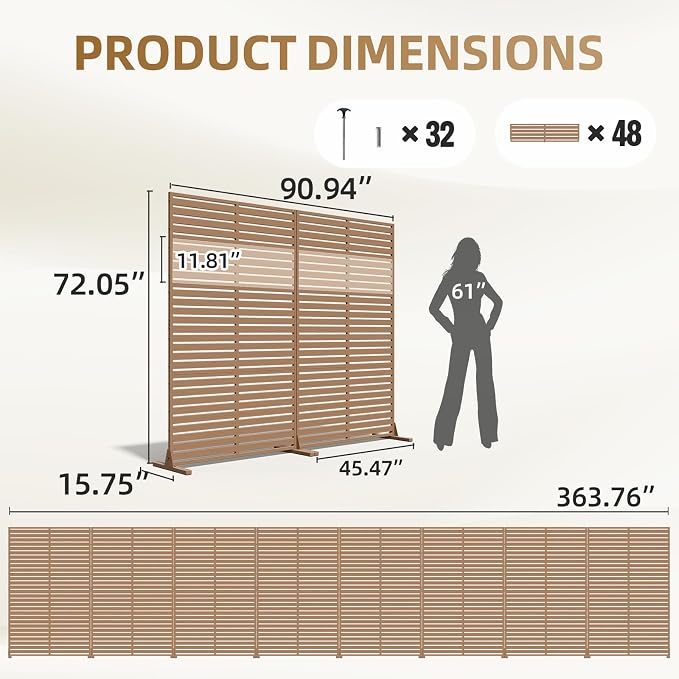 Privacy Fence Screen with Stand 6 Panel 72" H×47" W HDPE Decorative Privacy Panels with Stand, Air Conditioner Fence Panels, Privacy Screen for Outdoor Backyard, Balcony, Pool