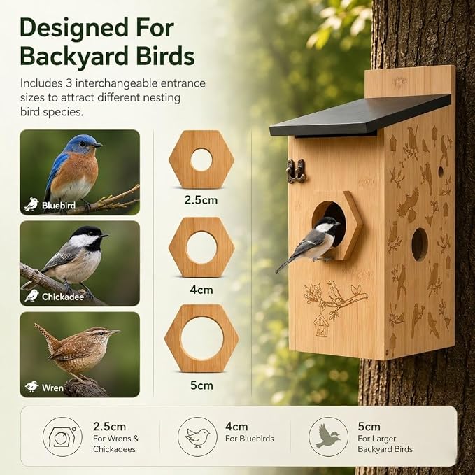 Smart Bird House with Camera, Wooden Birdhouse for Outdoor Bird Watching, App Live View, Color Night Vision, Motion Detection, 2-Way Audio, Waterproof Backyard Bird Nesting Box