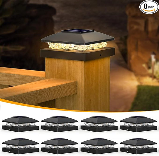 APONUO Solar Post Cap Lights for 4x4 Posts - IP64 Waterproof, 3000K LED, No-Wire Fence Lights & Deck Lights for Patio Garden Yard Patio, Black-Warm White, 8 Pack