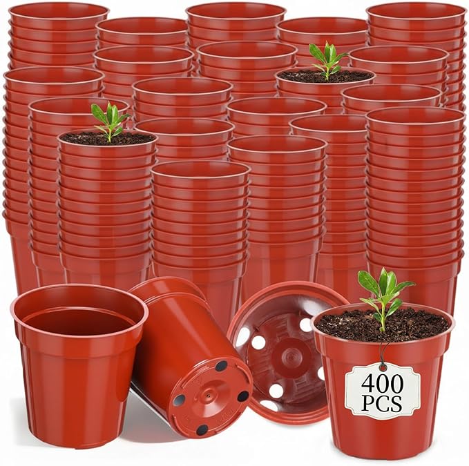 Domensi 400 Pcs 2 Inch Brick Red Nursery Pots, Mini Plastic Plant Pot Nursery Seedling Pot with Drainage Holes for Seeds Starter, Indoor Outdoor Garden Vegetables Flowers Seedlings, Gardening Gifts