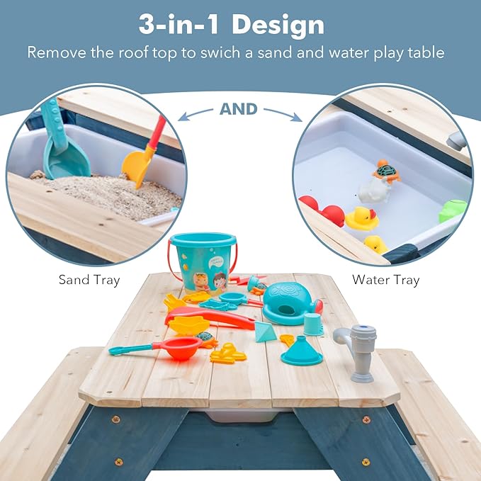 Kids 3-in-1 Sand & Water Table, Wood Outdoor Convertible Picnic Table w/Umbrella, 2 Trays, Removable Top with Faucet, Picnic Table for Outdoor Playset (Blue/Navy)