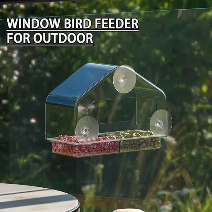 Window Bird Feeder Viewing Box - 10x7 Inches Acrylic Window Bird Feeder with 4 Strong Suction Cups, 3 Compartment Trays, Clear Birdfeeder with Enhanced Grip, Watching Cardinal for Cat