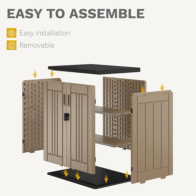 DWVO Outdoor Storage Cabinet with 2 Shelves, Waterproof Horizontal Plastic Storage Shed with Lockable Door, 15 cu. ft. Patio Tools Storage Box for Patio, Garden, Backyard, Deck, Brown