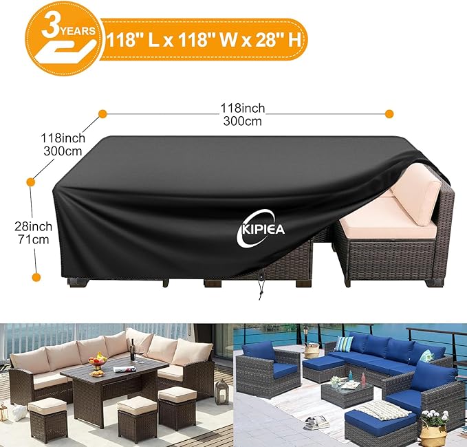 Kipiea Outdoor Furniture Covers Waterproof, 420D Heavy-Duty Patio Furniture Set Covers, No Tears Anti UV No Fading (118" L x 118" W x 28" H)