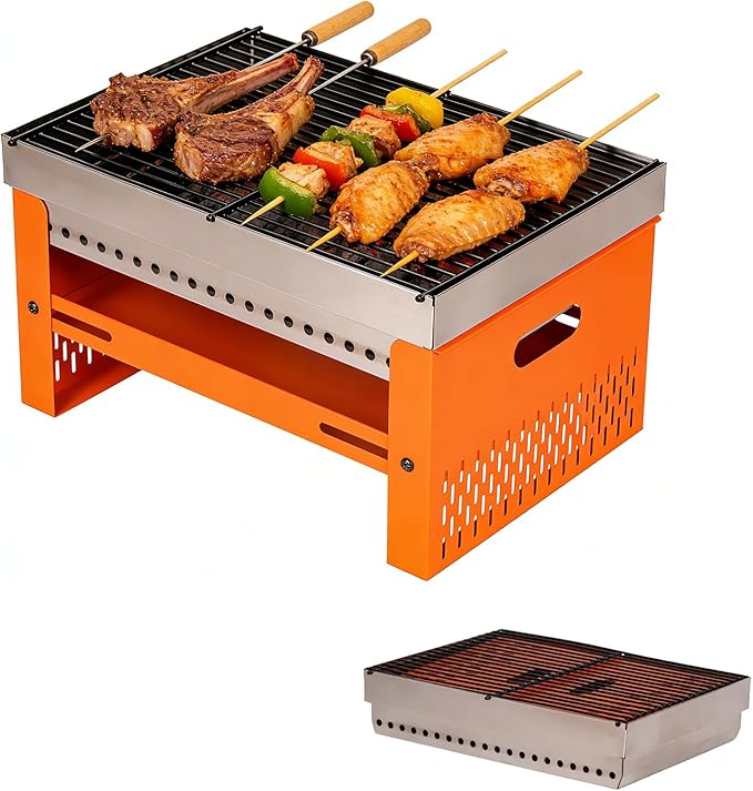 Portable Charcoal Grill, Small Tabletop BBQ, Foldable Mini Hibachi, Stainless Steel Camping Grill, Compact Outdoor Cooker for Picnic, Tailgating (Orange)