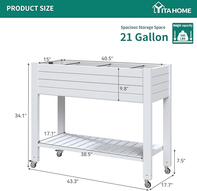 YITAHOME Raised Garden Bed Outdoor 43.3x17.7x34 in Raised Planter Box with Legs, Drain Plug and Storage Shelf, Elevated Planter Box for Plants Vegetables Flowers Herbs, White
