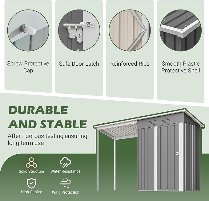 KEIKI Storage Shed 5x3 FT, Small Metal Tool Shed with Gazebo for Outdoor Storage, Galvanized Steel Garden Shed with Lockable Doors for Patio, Backyard, Lawn, Grey