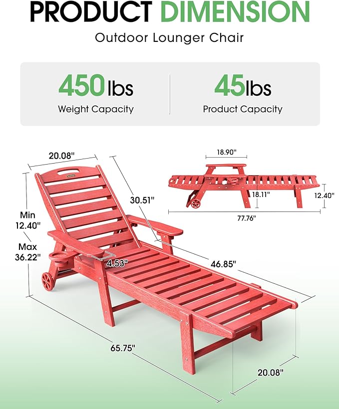 Chaise Lounge Outdoor, Lounge Chair Outdoor with Wood Texture, Adjustable 5-Position Backrest, HDPE Lounge Chair with Wheels & Cup Holder for Pool Deck Backyard,Red