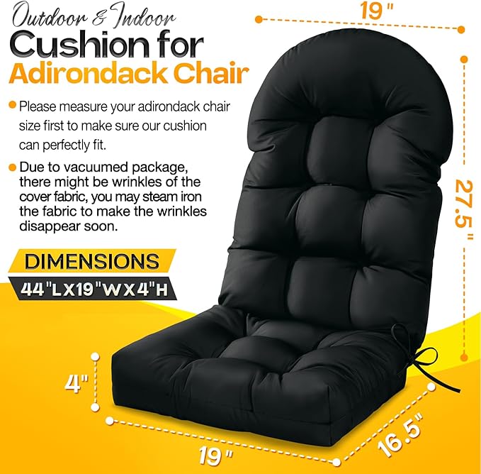 MAGIC ELEPHANT Adirondack Chair Cushion, Memory Foam Outdoor Chair Cushion, Water-Repellent Thick High Back Patio Rocking Chair Pad Seat Cushion Replacement (Black)