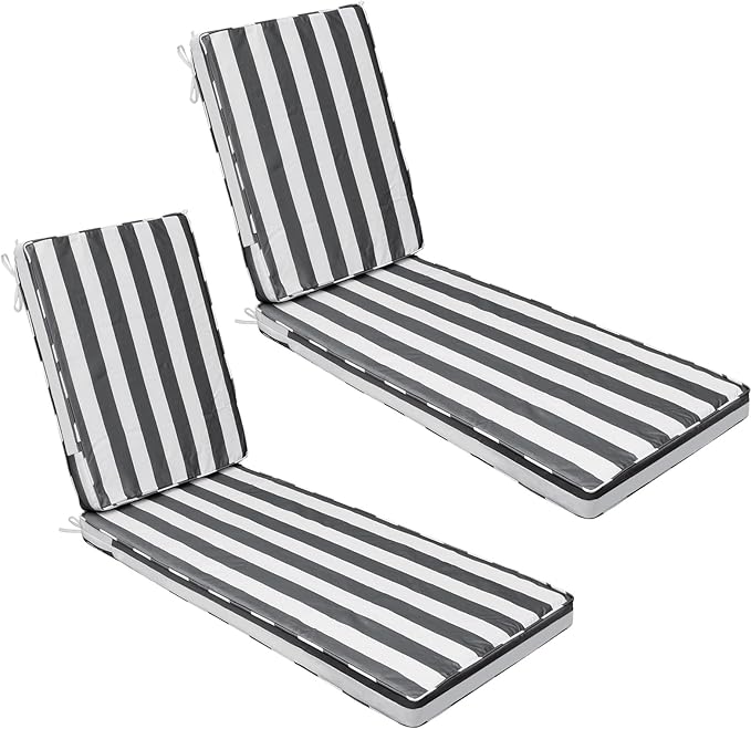 AAAAAcessories Outdoor Chaise Lounge Cushions, Fade-Resistant, Waterproof Patio Furniture Replacement Cushions, 72" x 21" x 3", Set of 2, Gray Cabana Stripe