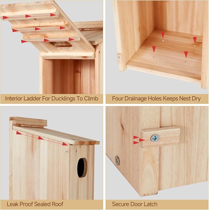 2 Pack Duck House, Wood Duck Houses for Outside Duck Hanging Nesting House Box Outdoor Shelter for Pond, Wetland Ducks and Hooded Mergansers