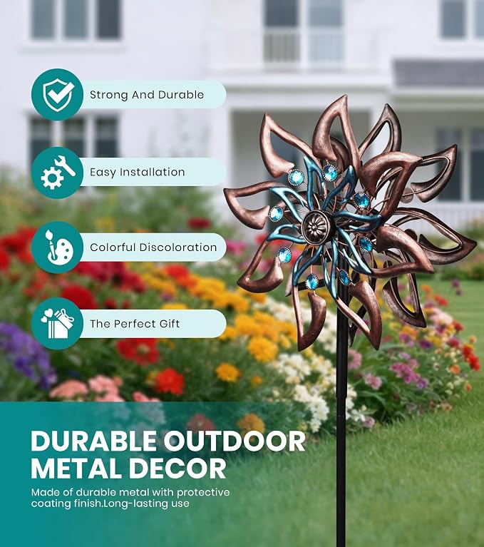 Dahlia Wind Spinner Metal Kinetic Garden Yard Windmill Outdoor Decor | Hand-Crafted Art, Copper & teal dahlia metal spinner, Whisper-quiet dual rotation, Stable ground stake