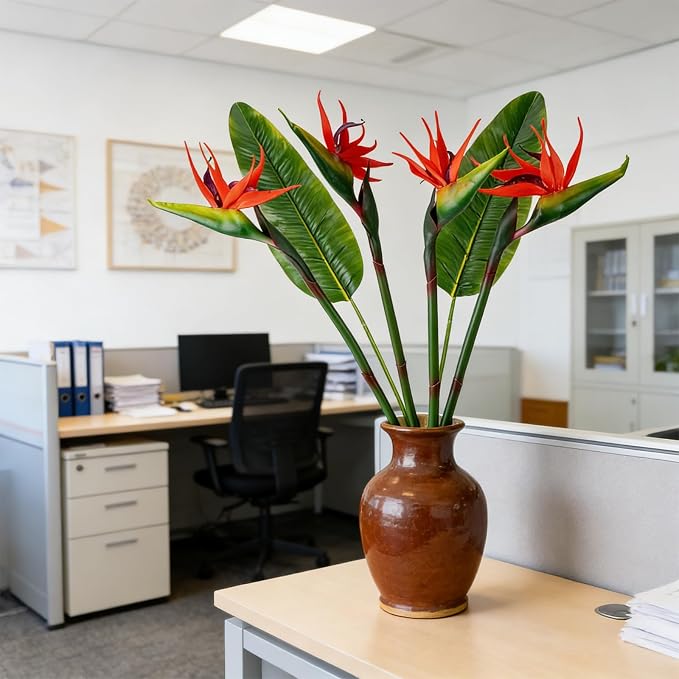 Artificial Bird of Paradise Flowers Real Touch 31.5'in Long Stem Flower 4 Pcs, with Bird of Paradise Leaves 33.5'in Long Stem Greenery Plants 2 Pcs,for Home Garden Wedding Party Decor (Red 6 Stems)