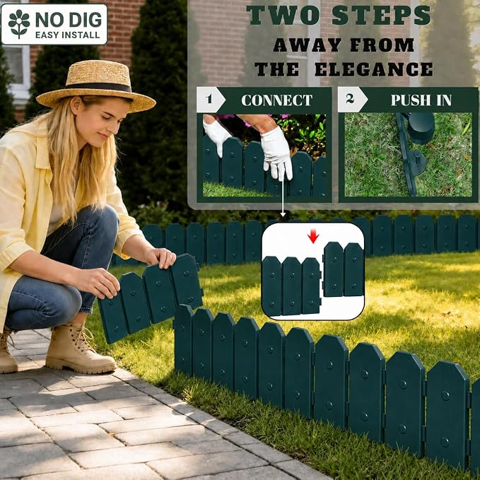 Evelyne Garden Border Edging: Wooden Grain Fence Dog Ear Design - Landscaping Fence Liner Lawn Edge Barrier - Decorative Lawn Landscape Panels Elements -Landscaping Edging (Green, 20ft.)