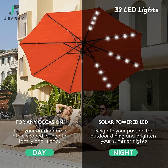 JEAREY 10FT Outdoor Patio Umbrella with Solar Lights, LED Lighted Pool Umbrella with Tilt and Crank, Outdoor Table Umbrellas for Deck, Yard & Market(Orange)