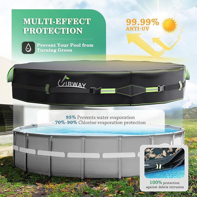 UIRWAY 500D Pool Cover 21FT Round [2026 Upgraded Heavy Duty Fabric] Solar Pool Covers for Above Ground Pools, New Super Windproof Gel-Coated Tarp Straps, Swimming Pool Covers with UV Protection