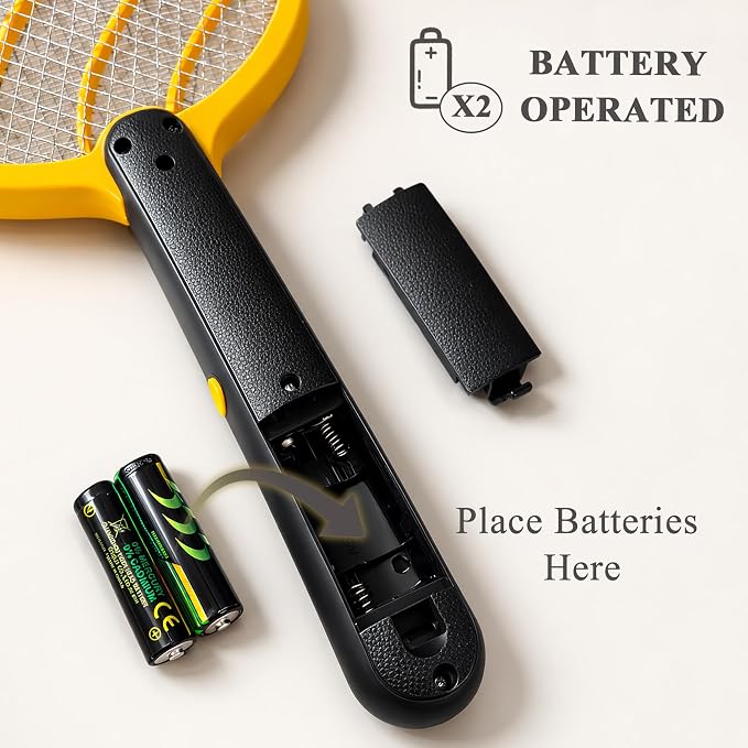 Electric Fly Swatter – Battery Powered Bug Zapper Racket with 2 AA Batteries Included, 3-Layer Safety Mesh, Handheld Fly Zapper for Indoor, Outdoor, Home, Bedroom, Kitchen, Office, Backyard, Patio