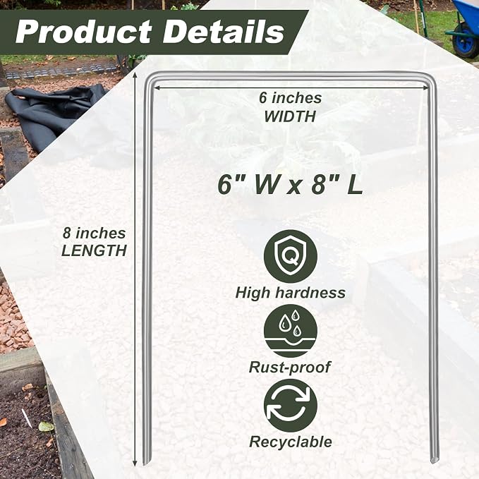 Wonderjune 50 Pack Heavy Duty Wide Landscape Staples, 7 Gauge Galvanized Steel Turf Stakes Garden Stakes Bulk, U Type Anchor for Grass, Securing Weed Barrier Fabric, Pipes, Sod (8"x6")