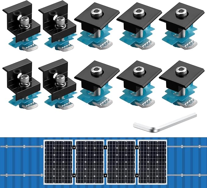 Anbte 10 PCS Solar Panel Mounting Brackets for Unistrut, Aluminium 30mm/35mm 6 x T-Shaped Mid Clamps + 4 x End Clamps, Solar Panel Mounting Kit for Metal, Tin, Flat, Sheet Roofs, RV, Black