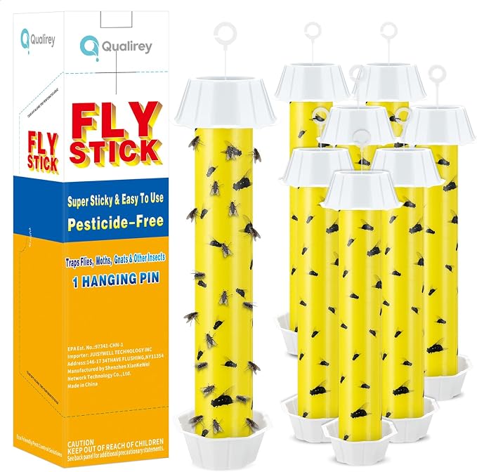 Qualirey 8 Pcs Sticky Fly Trap Fly Stick Indoor Outdoor Long Lasting Hanging Flies Bug Catcher Paper Tape Strips with Hook for Wasps Gnats Bug Insects Fruit Flies Mosquitoes (Novel-1,Yellow and Black)