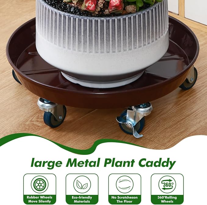 Planterhoma 3 Packs 13 inches Metal Plant Caddy with Wheels Large Rolling Plant Stand Heavy-Duty Iron Plant Dolly Casters for Indoor Outdoor Flower Pot Mover Roller Coasters, Dark Coffee